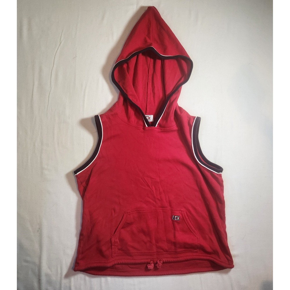 Y2k ACX Au Coton Sport Mens Red Sleeveless Hoodie Cotton Gym‎ Vest Medium